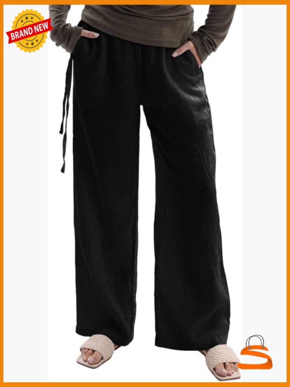 100% Linen Wide-Leg Palazzo Pants with Pockets